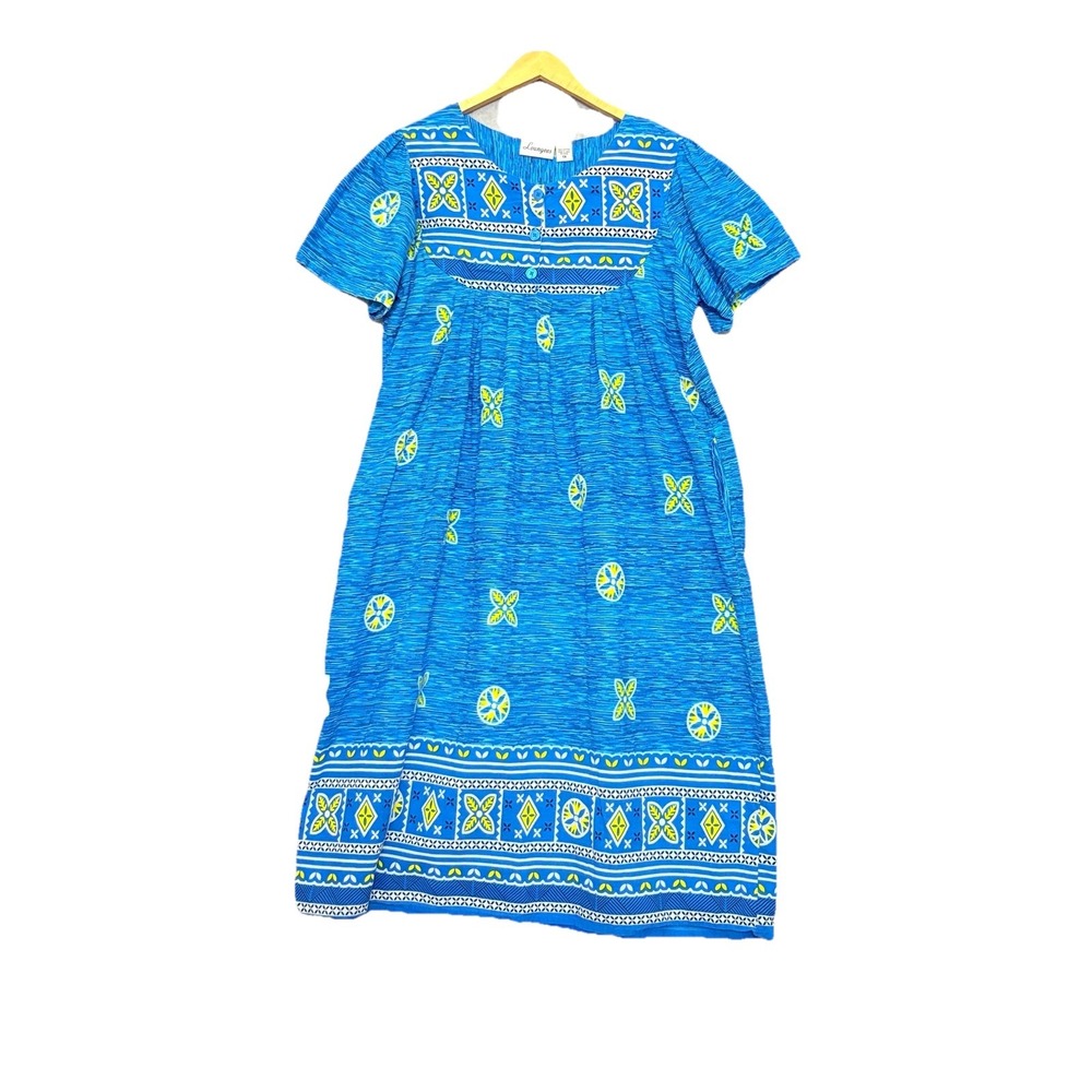 Loungees Sz 1X House Patio Dress Mumu Kaftan Blue Vibrant‎ Pockets Midi Blue